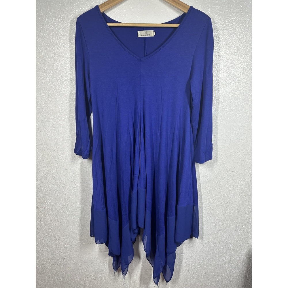 Baluoke Tunic Shirt Womens Extra Large Blue V Neck 3/4 Sleeve Handkerchief Hem‎